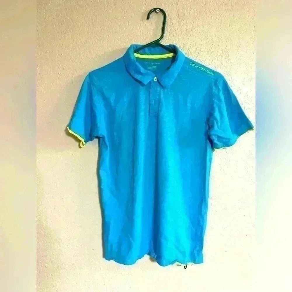 Calvin Klein Liquid Touch Golf Polo Shirt Boy's XL Teal Blue Yellow